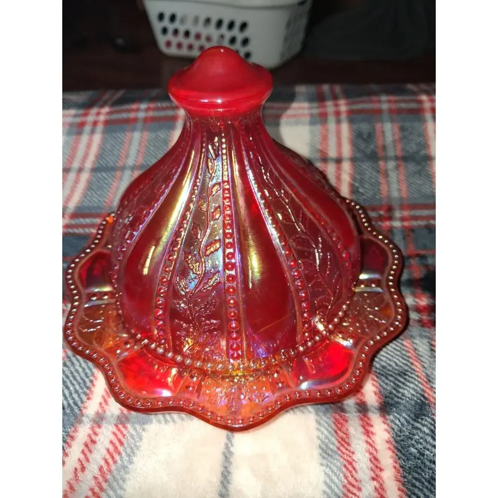 Vintage Amberlina Carnival Glass Domed Butter Dish Beaded Holly Summit UV